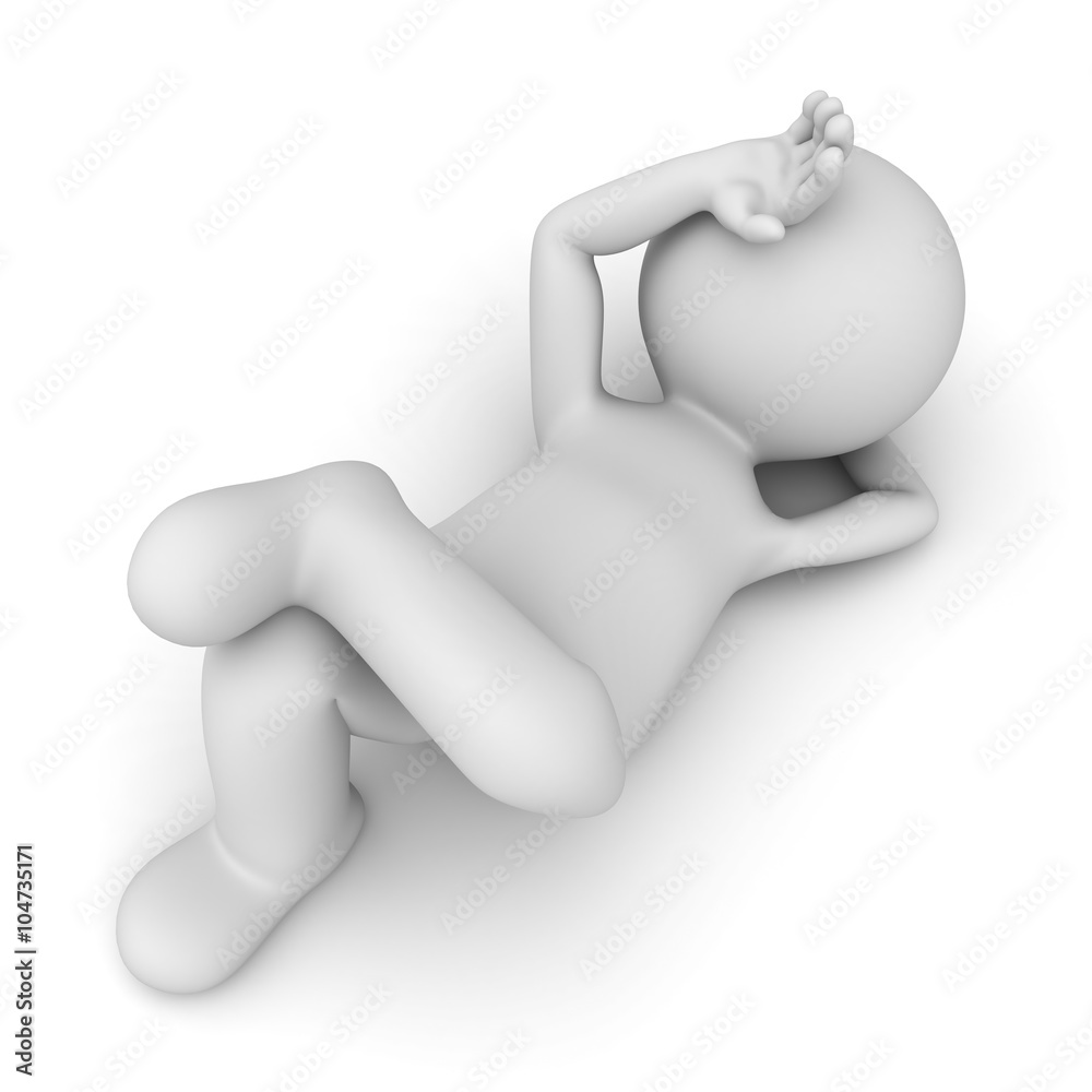 Aufkleber 3d man lying down and thinking on white floor background suffering insomnia concept