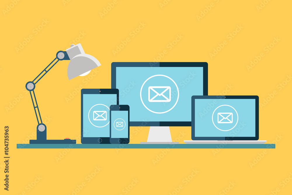 Poster email icon. desktop computer, laptop, tablet and smartphone with email icon on the screen. vector il