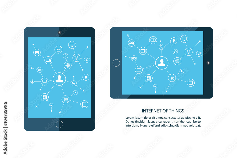 Poster Internet of things concept. Mobile tablet and smart home devices icons. Consumer and connected devices. Internet networking, online shopping. Vector illustration.