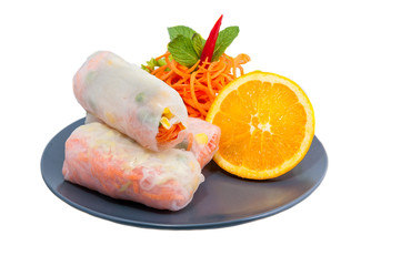 Fresh Spring Rolls in blue plate on white background