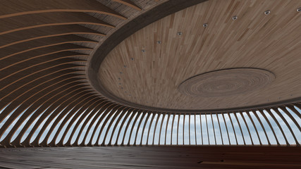 3D Render Of Empty Round hall with wood texture in sky background