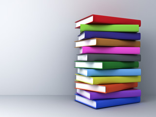 Stack of 3d render colorful books over white wall background with shadow