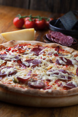 Delicious pizza with salami, tomatoes