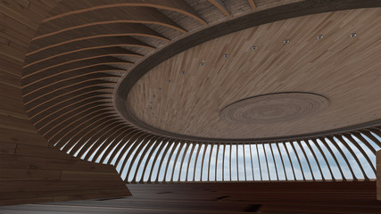 3D Render Of Empty Round hall with wood texture in sky background