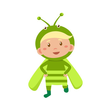 Child Wearing Costume of Grasshopper. Vector Illustration