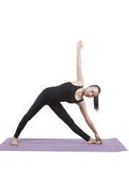 portrait of asian woman wearing black body suit sitting in yoga