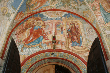Fresco at the entrance to the Orthodox church in Pavlovskaya Sloboda, Moscow Region.
