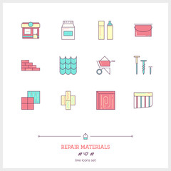 Color line icon set of repair materials icons set. Interior and