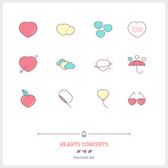 Color line icon set of Hearts icons set. Love, Romantic and Vale