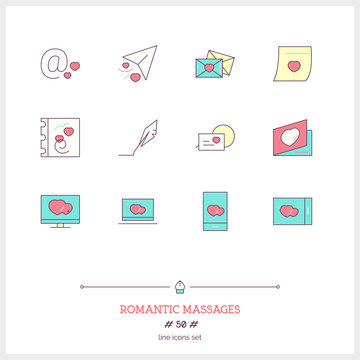 Color line icon set of romantic messages icons set. Love and Rom
