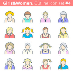 Flat line vector avatars group of people. Girl and woman avatars set on white background. Premium quality outline people icon collection. Suitable for infographics, web graphics, social networks, etc.