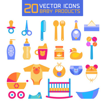 Vector illustration of baby products. Icons for newborns