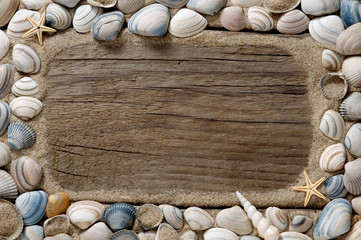 Fototapeta na wymiar Sea shell frame and sand on old wood