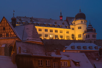 Schloss in Stolberg an einem Winterabend, Harz in Sachsen-Anhalt