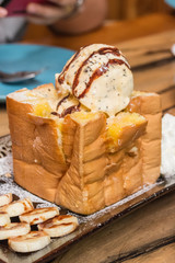 Honey toast with ice cream and banana