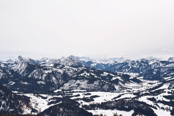 Large mountains covered with snow and trees