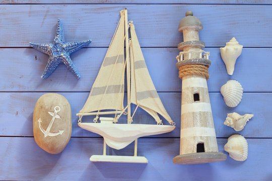 top view nautical concept with nautical life style objects