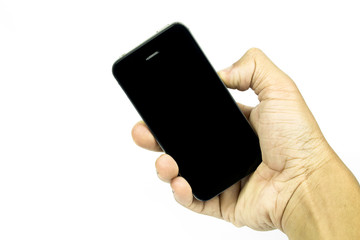 human hand holding smart phone on white background, isolated