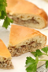 Traditional russian pie with meat and rice