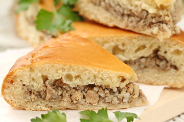 Traditional russian pie with meat and rice