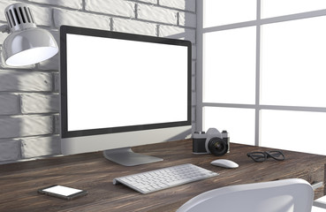 3D illustration PC screen on table in office, Workspace