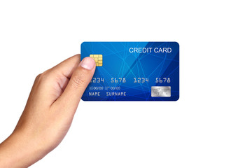 Hand holding plastic credit card Isolated on white.