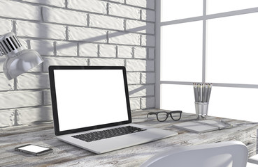 Fototapeta premium 3D illustration laptop and work stuff on table near brick wall, Workspace