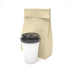 Coffee to go and lunch bag, on white.