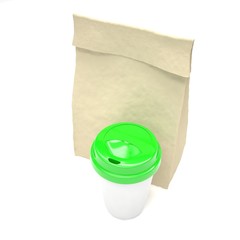 Coffee to go and lunch bag, on white.