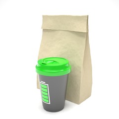 Coffee to go and lunch bag, on white.