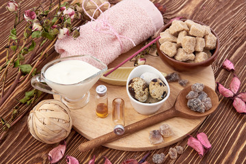 Composition of spa treatment on wooden background