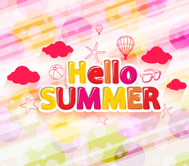 Colorful Hello Summer with Summer Icons in an Abstract Circle Patterned Background
