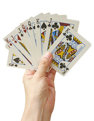 Hand with playing cards, isolated on white (clipping path)