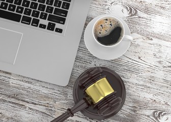 Gavel, laptop and coffee