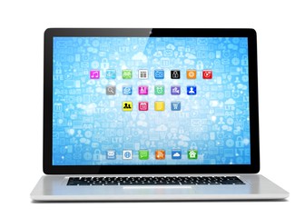 3d rendering of a laptop with blue wallpaper with app icon