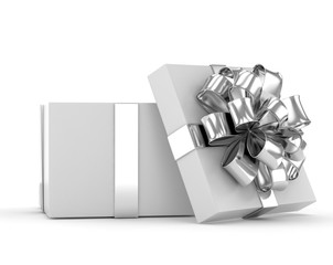 open gift box with bows isolated on white