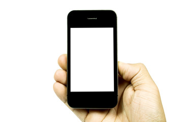 human hand holding smart phone on white background, isolated