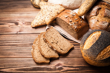 Bread assortment on wooden surface