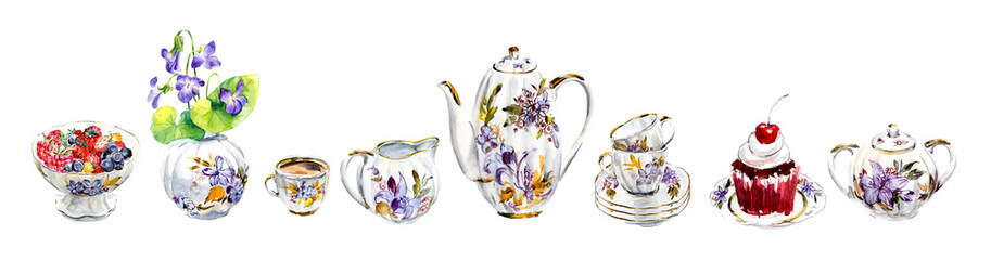 Tea and coffee service. Set of beautiful porcelain. Water color hand drawn illustration. Collection utensil.