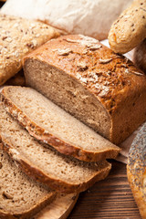 Bread assortment on wooden surface