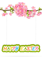 Ostergrüße - Happy Easter - Osteranhänger mit Aufdruck am Kirschblütenzweig. Grußkarte, Vorlage isoliert auf weißem Hintergrund - Frohe Ostern - Greeting Card.
