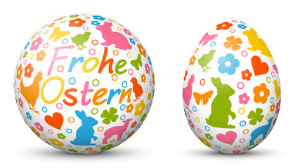 3D Vector Kugel und Ei - Sphäre und Oval isoliert auf reinem Weiß - Frohe Ostern - farbige, bunte Ostersymbole - Ostergrüße. Weißer Hintergrund - Freigestellt mit Schatten. Happy Easter Egg.