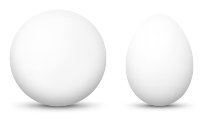 3D Vector Kugel und Ei - Sphäre und Oval isoliert auf reinem Weiß - Weißer Hintergrund - Freigestellt mit Schatten. Weiße Kugel und weißes Ei - Blanko unbedruckt.
