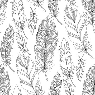 Vector Seamless Monochrome Pattern with Doodle Feathers