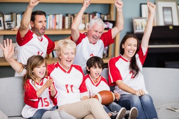 Smiling family with grandparents watching American football