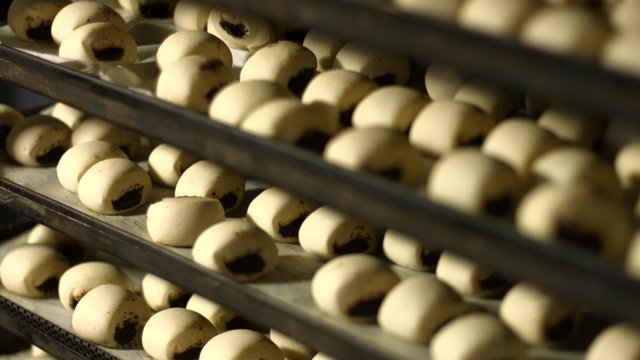 Panorama on the shelf with buns.