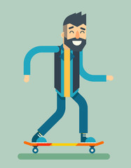 Smiling Adult Man Geek Scooter Happy Hipster Character Ride Skateboard Icon Symbol Stylish Background Flat Design Template Vector Illustration