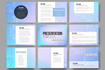 Set of 9 templates for presentation slides. Abstract white circles on light blue background, vector illustration