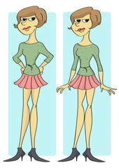 Funny cartoon of confident, pretty, stylish woman standing and smiling, two different poses.
