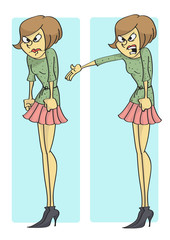 Funny cartoon of angry, furious woman yelling, two different poses.